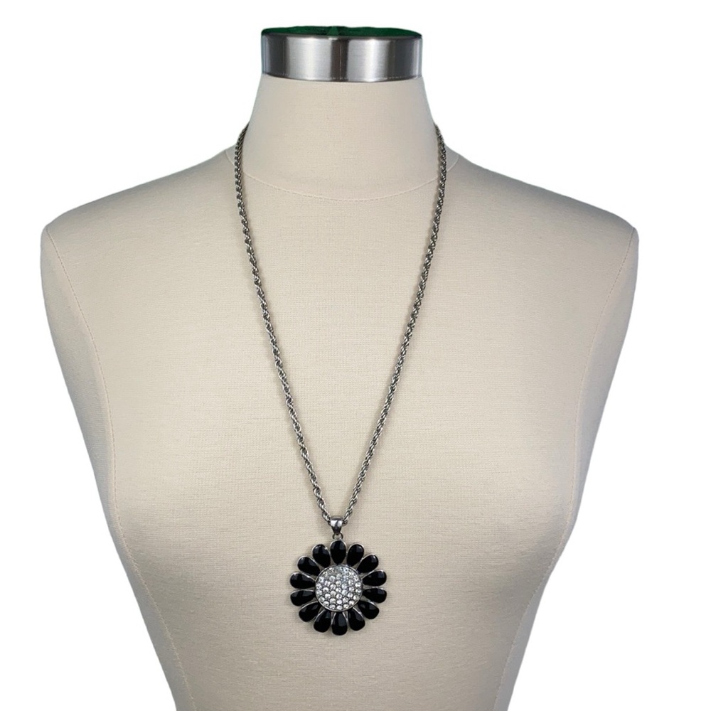 Black and Silver Toned Daisy Rhinestone Pendant Necklace
